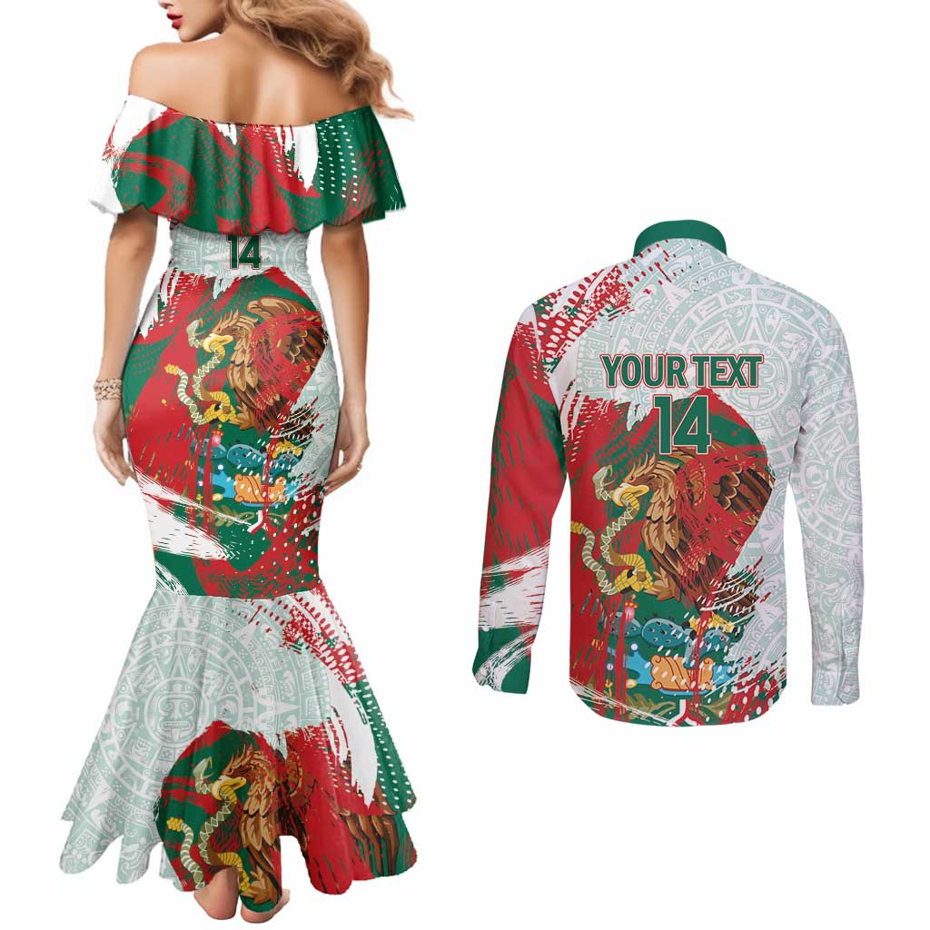 Mexico Football Custom Couples Matching Mermaid Dress and Long Sleeve Button Shirt El Tri Aztec Calendar Brush Style