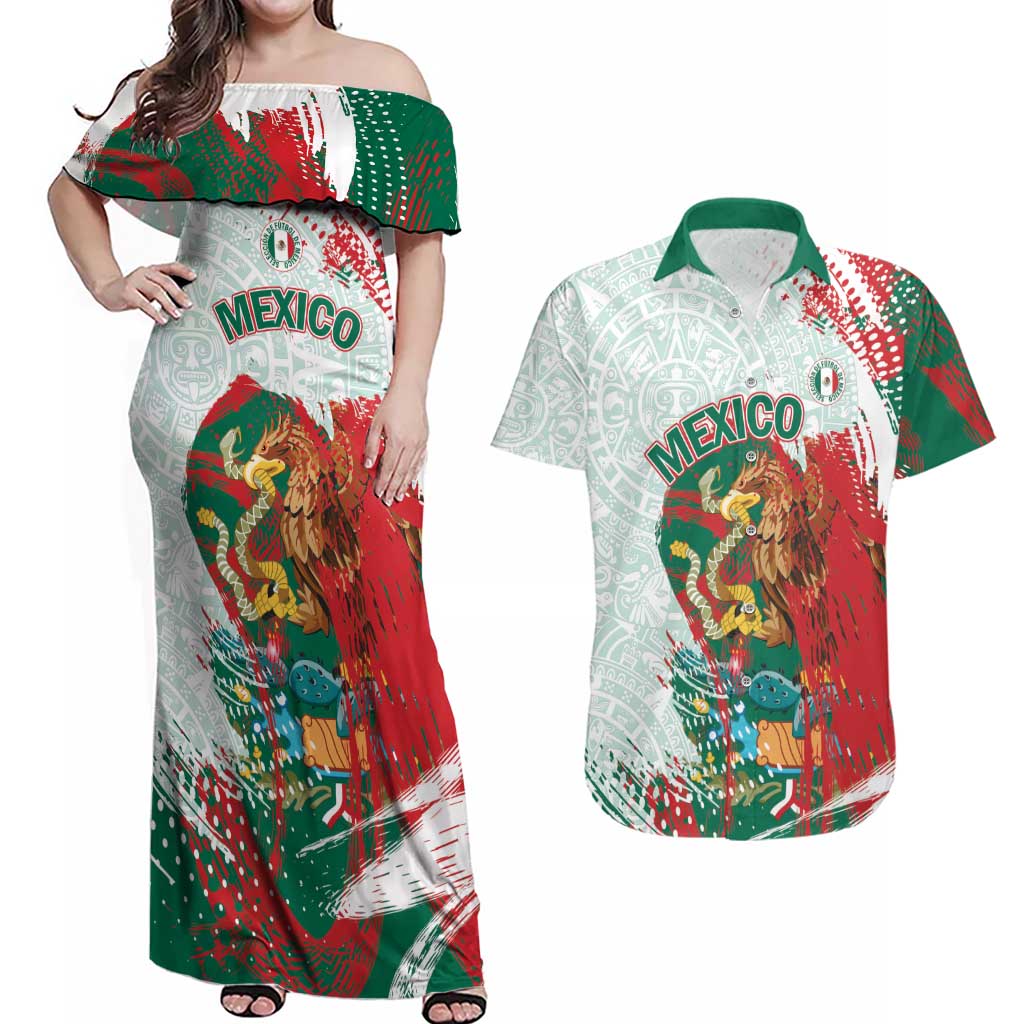 Mexico Football Custom Couples Matching Off Shoulder Maxi Dress and Hawaiian Shirt El Tri Aztec Calendar Brush Style