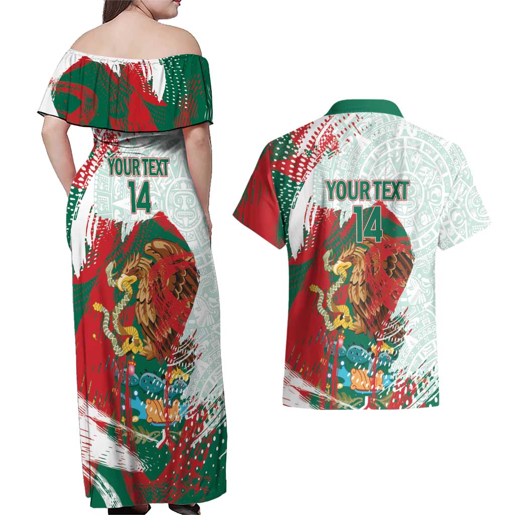 Mexico Football Custom Couples Matching Off Shoulder Maxi Dress and Hawaiian Shirt El Tri Aztec Calendar Brush Style