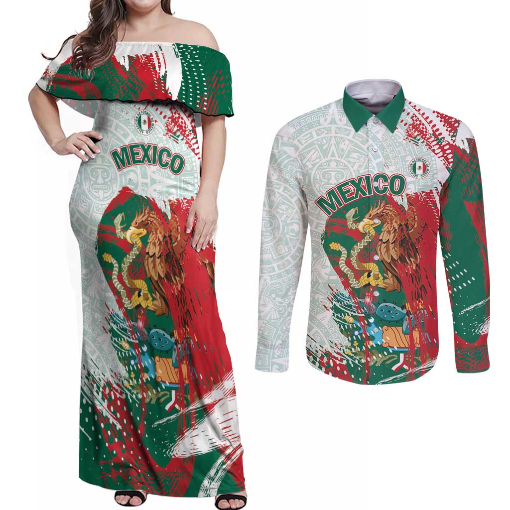 Mexico Football Custom Couples Matching Off Shoulder Maxi Dress and Long Sleeve Button Shirt El Tri Aztec Calendar Brush Style