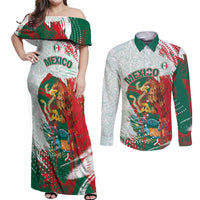 Mexico Football Custom Couples Matching Off Shoulder Maxi Dress and Long Sleeve Button Shirt El Tri Aztec Calendar Brush Style