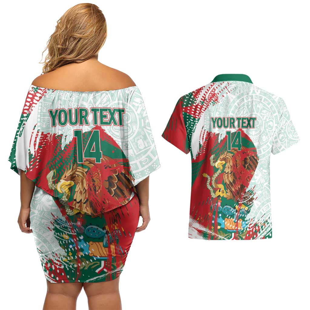 Mexico Football Custom Couples Matching Off Shoulder Short Dress and Hawaiian Shirt El Tri Aztec Calendar Brush Style