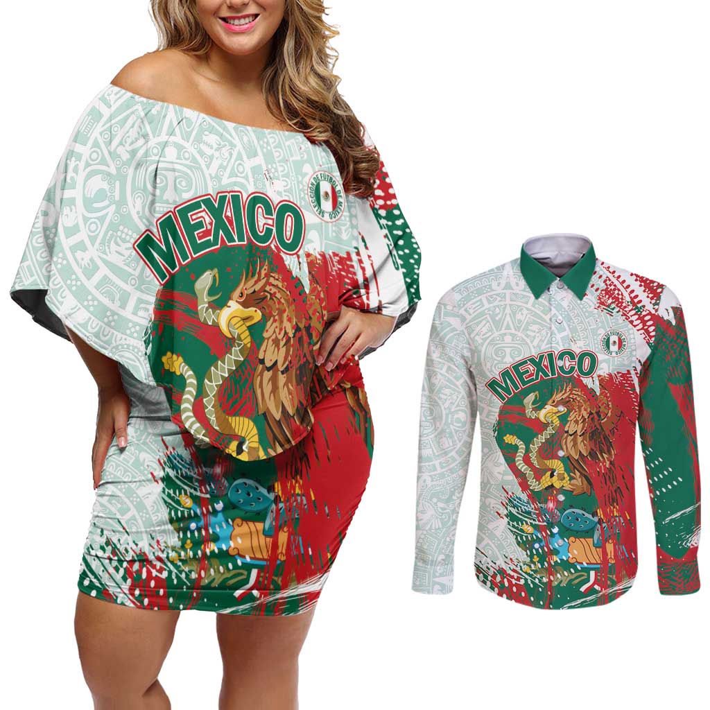 Mexico Football Custom Couples Matching Off Shoulder Short Dress and Long Sleeve Button Shirt El Tri Aztec Calendar Brush Style