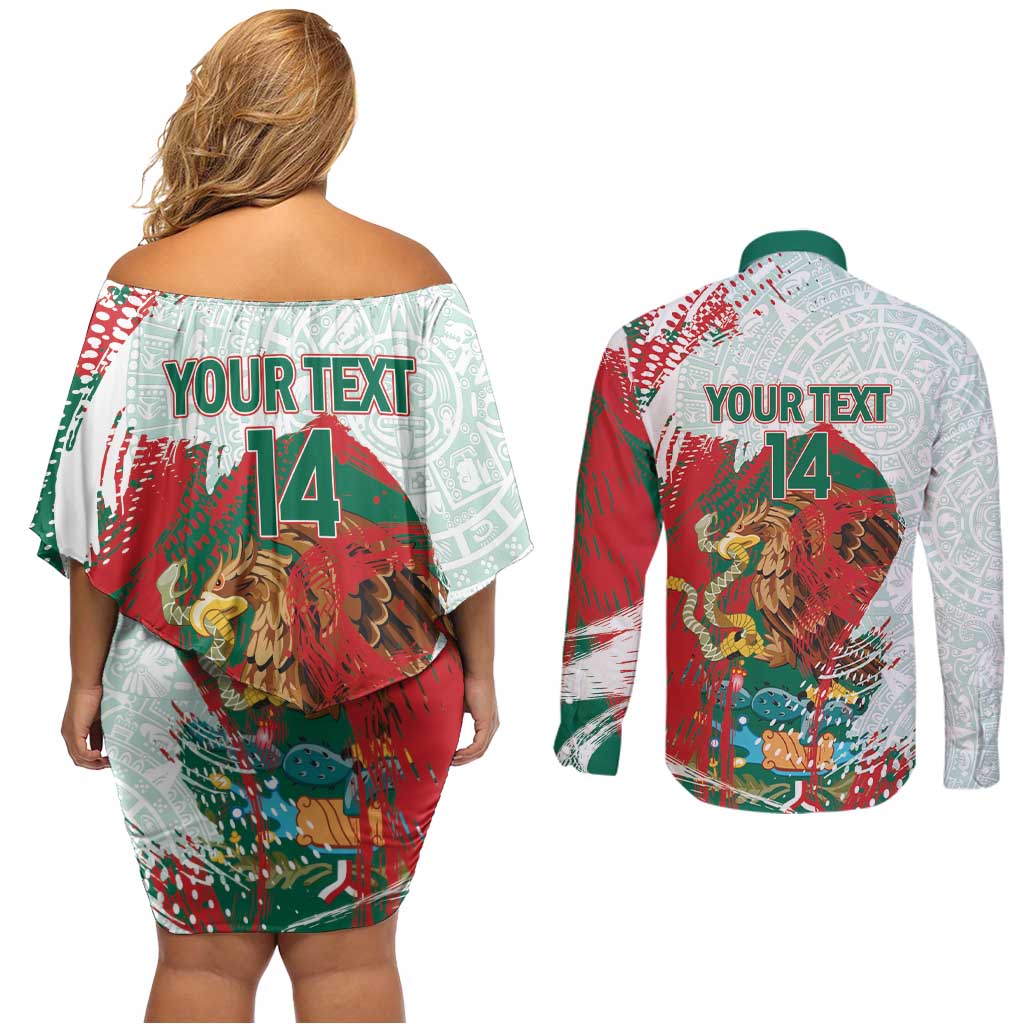 Mexico Football Custom Couples Matching Off Shoulder Short Dress and Long Sleeve Button Shirt El Tri Aztec Calendar Brush Style