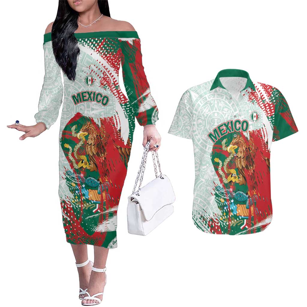 Mexico Football Custom Couples Matching Off The Shoulder Long Sleeve Dress and Hawaiian Shirt El Tri Aztec Calendar Brush Style