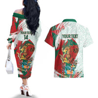 Mexico Football Custom Couples Matching Off The Shoulder Long Sleeve Dress and Hawaiian Shirt El Tri Aztec Calendar Brush Style