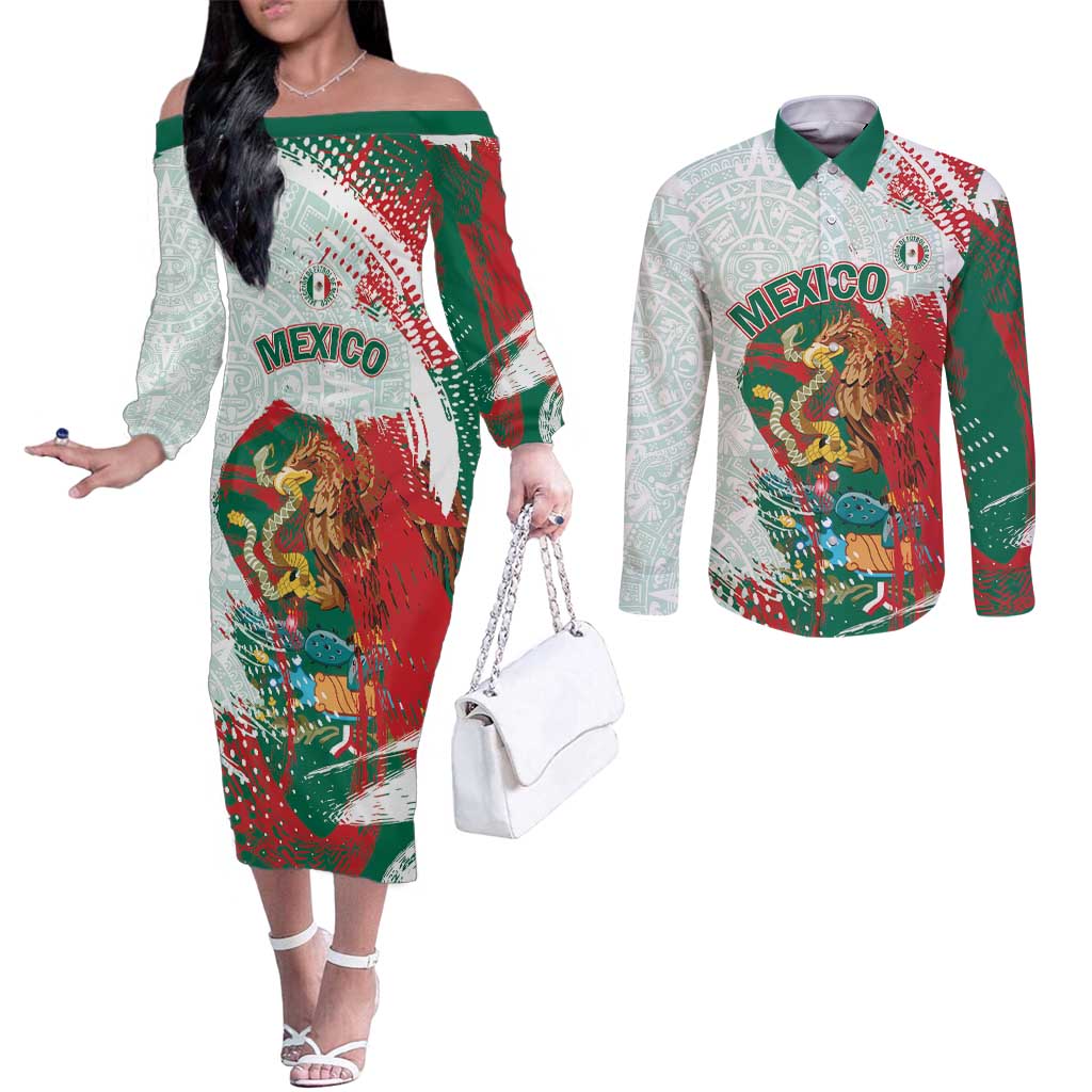 Mexico Football Custom Couples Matching Off The Shoulder Long Sleeve Dress and Long Sleeve Button Shirt El Tri Aztec Calendar Brush Style