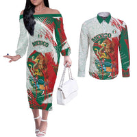 Mexico Football Custom Couples Matching Off The Shoulder Long Sleeve Dress and Long Sleeve Button Shirt El Tri Aztec Calendar Brush Style