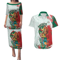 Mexico Football Custom Couples Matching Puletasi and Hawaiian Shirt El Tri Aztec Calendar Brush Style