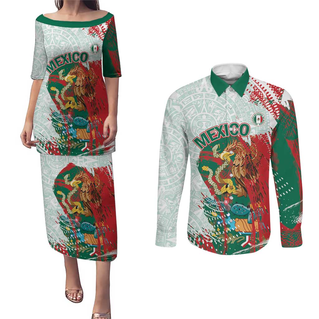 Mexico Football Custom Couples Matching Puletasi and Long Sleeve Button Shirt El Tri Aztec Calendar Brush Style