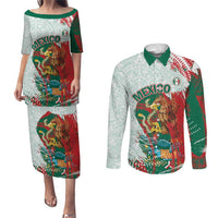 Mexico Football Custom Couples Matching Puletasi and Long Sleeve Button Shirt El Tri Aztec Calendar Brush Style