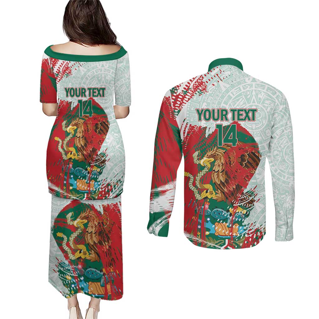 Mexico Football Custom Couples Matching Puletasi and Long Sleeve Button Shirt El Tri Aztec Calendar Brush Style