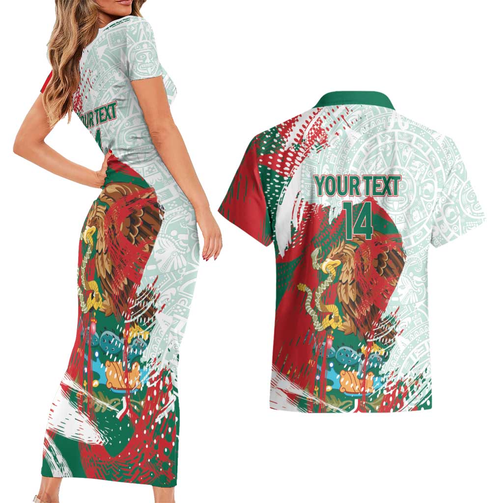 Mexico Football Custom Couples Matching Short Sleeve Bodycon Dress and Hawaiian Shirt El Tri Aztec Calendar Brush Style