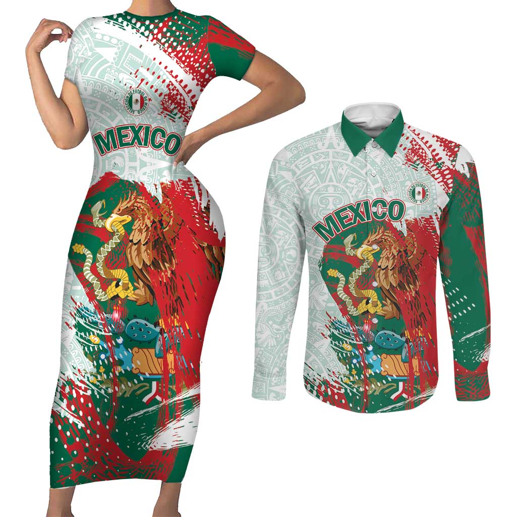 Mexico Football Custom Couples Matching Short Sleeve Bodycon Dress and Long Sleeve Button Shirt El Tri Aztec Calendar Brush Style