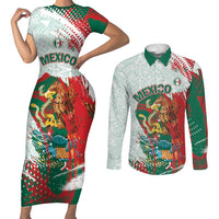 Mexico Football Custom Couples Matching Short Sleeve Bodycon Dress and Long Sleeve Button Shirt El Tri Aztec Calendar Brush Style