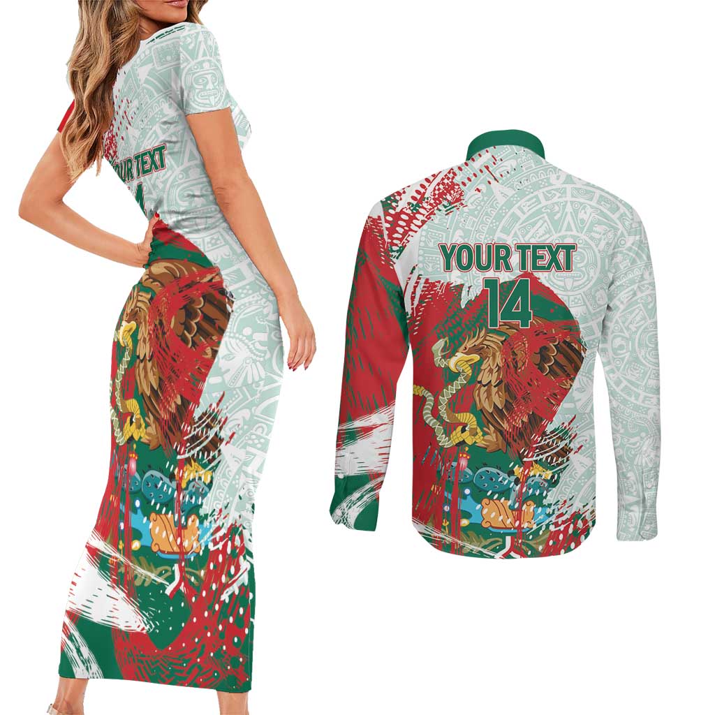 Mexico Football Custom Couples Matching Short Sleeve Bodycon Dress and Long Sleeve Button Shirt El Tri Aztec Calendar Brush Style