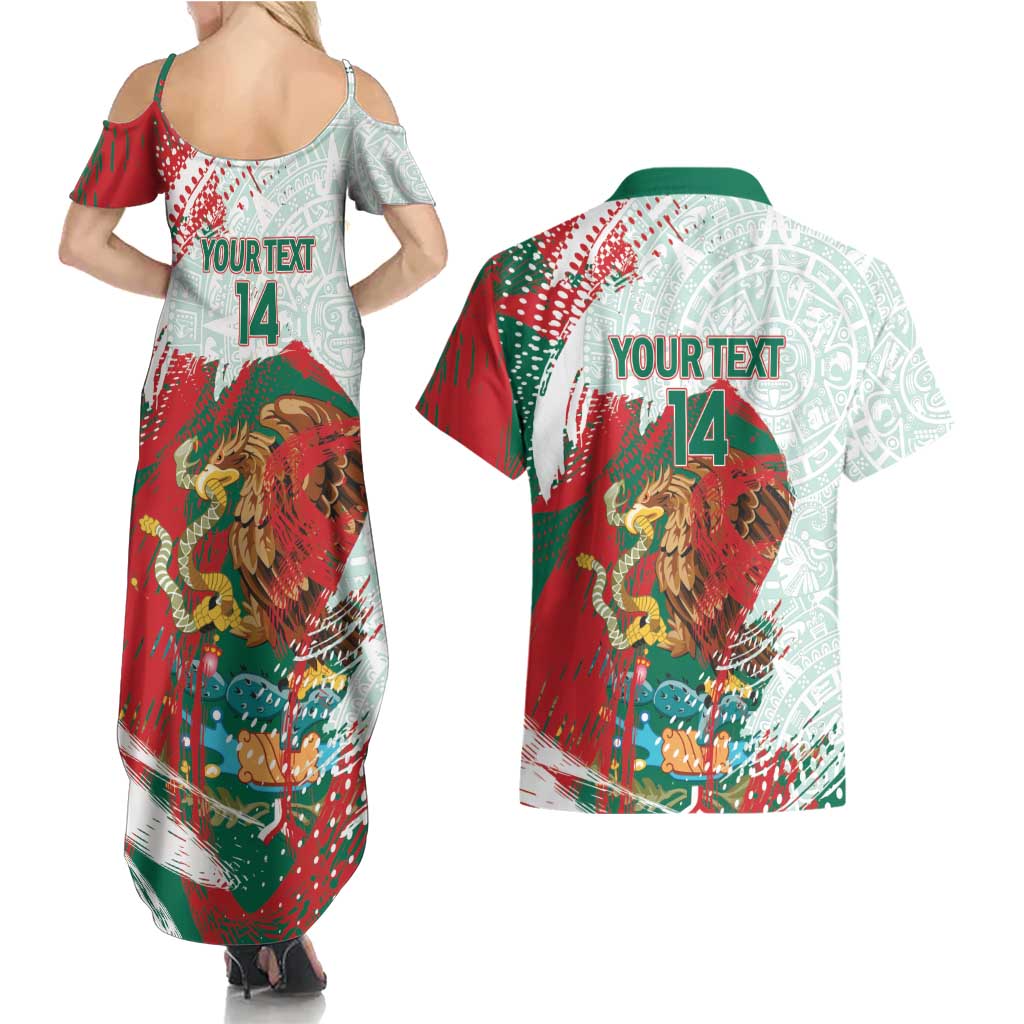 Mexico Football Custom Couples Matching Summer Maxi Dress and Hawaiian Shirt El Tri Aztec Calendar Brush Style