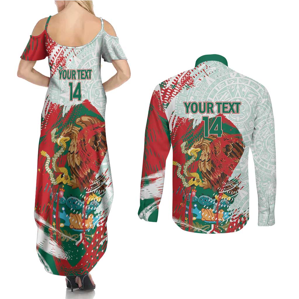 Mexico Football Custom Couples Matching Summer Maxi Dress and Long Sleeve Button Shirt El Tri Aztec Calendar Brush Style