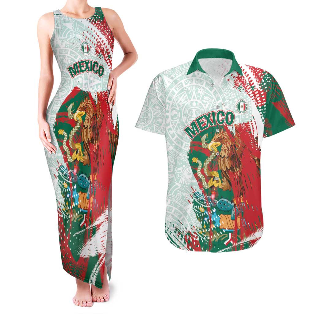 Mexico Football Custom Couples Matching Tank Maxi Dress and Hawaiian Shirt El Tri Aztec Calendar Brush Style