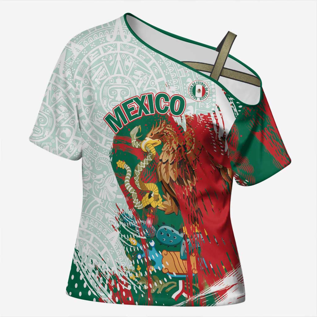 Mexico Football Custom Cross Shoulder Shirt El Tri Aztec Calendar Brush Style