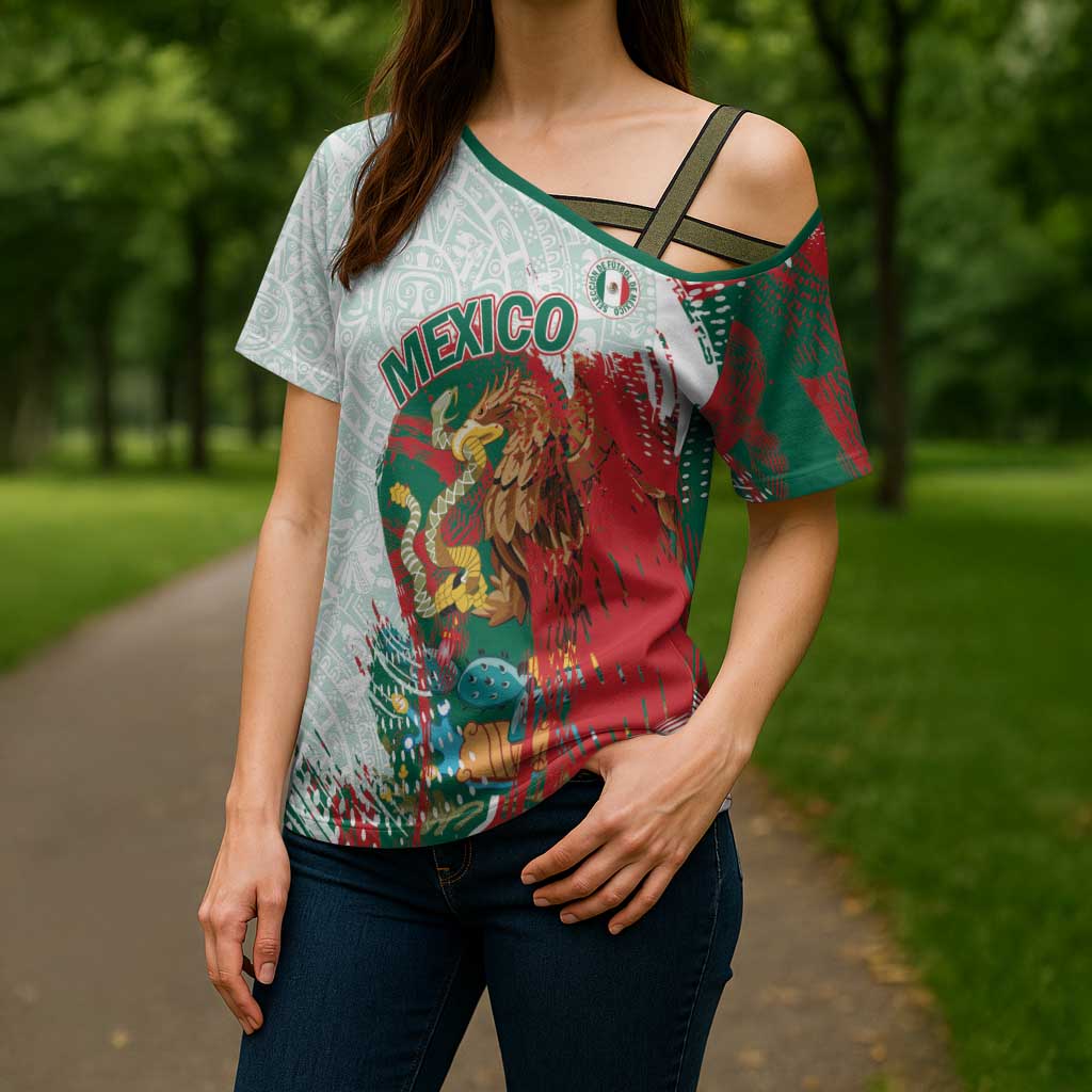 Mexico Football Custom Cross Shoulder Shirt El Tri Aztec Calendar Brush Style