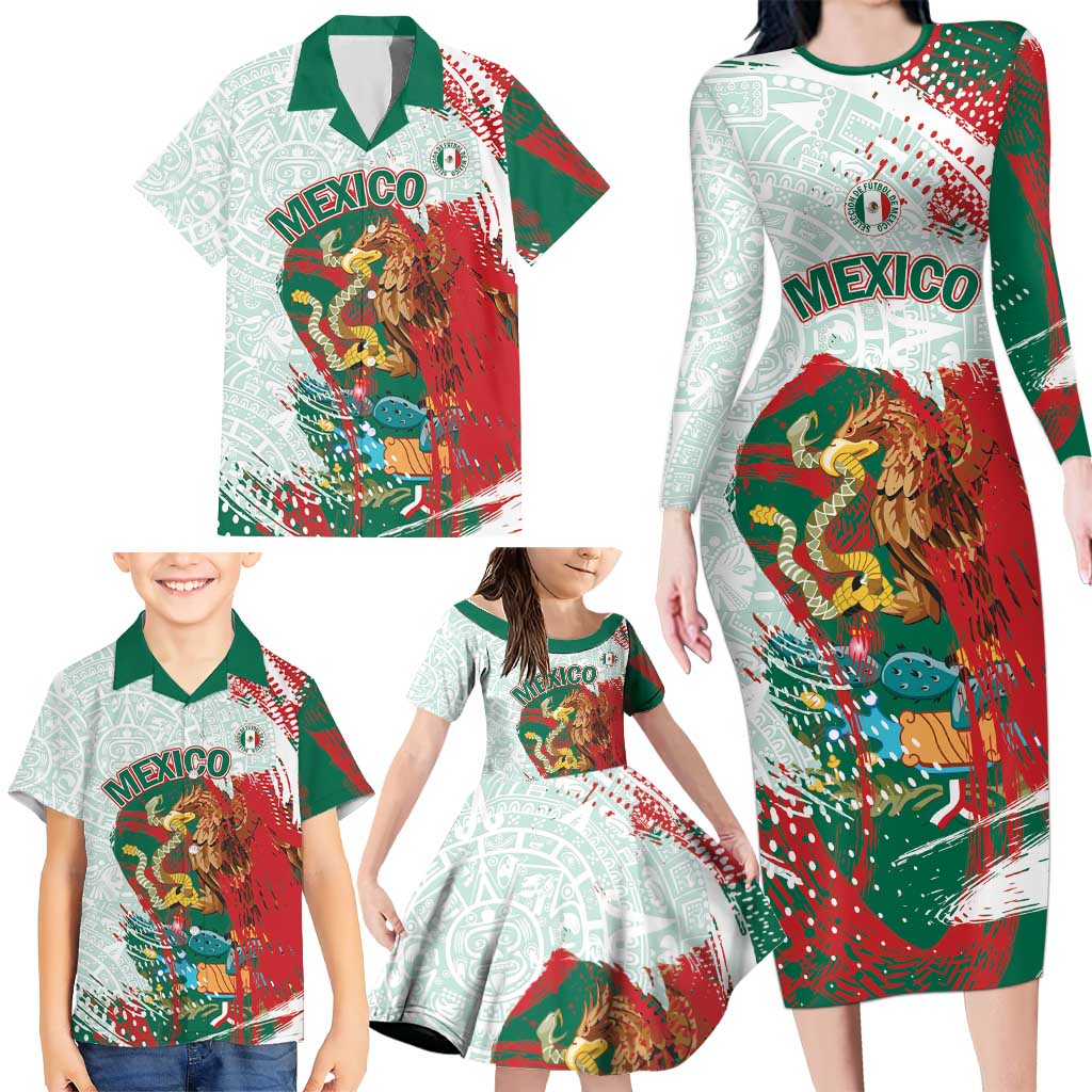 Mexico Football Custom Family Matching Long Sleeve Bodycon Dress and Hawaiian Shirt El Tri Aztec Calendar Brush Style