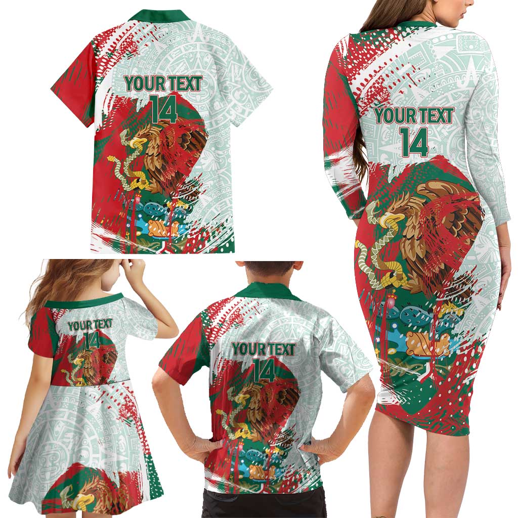 Mexico Football Custom Family Matching Long Sleeve Bodycon Dress and Hawaiian Shirt El Tri Aztec Calendar Brush Style
