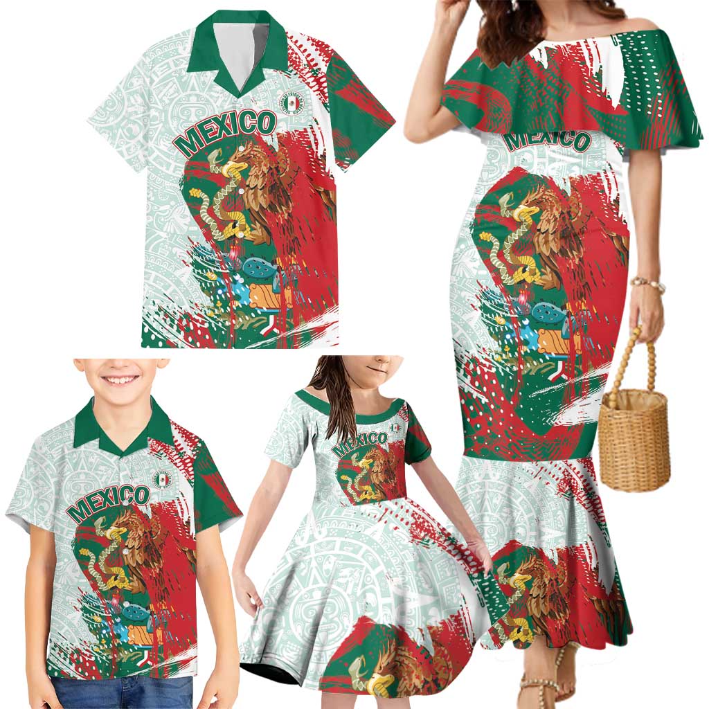 Mexico Football Custom Family Matching Mermaid Dress and Hawaiian Shirt El Tri Aztec Calendar Brush Style