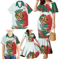 Mexico Football Custom Family Matching Mermaid Dress and Hawaiian Shirt El Tri Aztec Calendar Brush Style