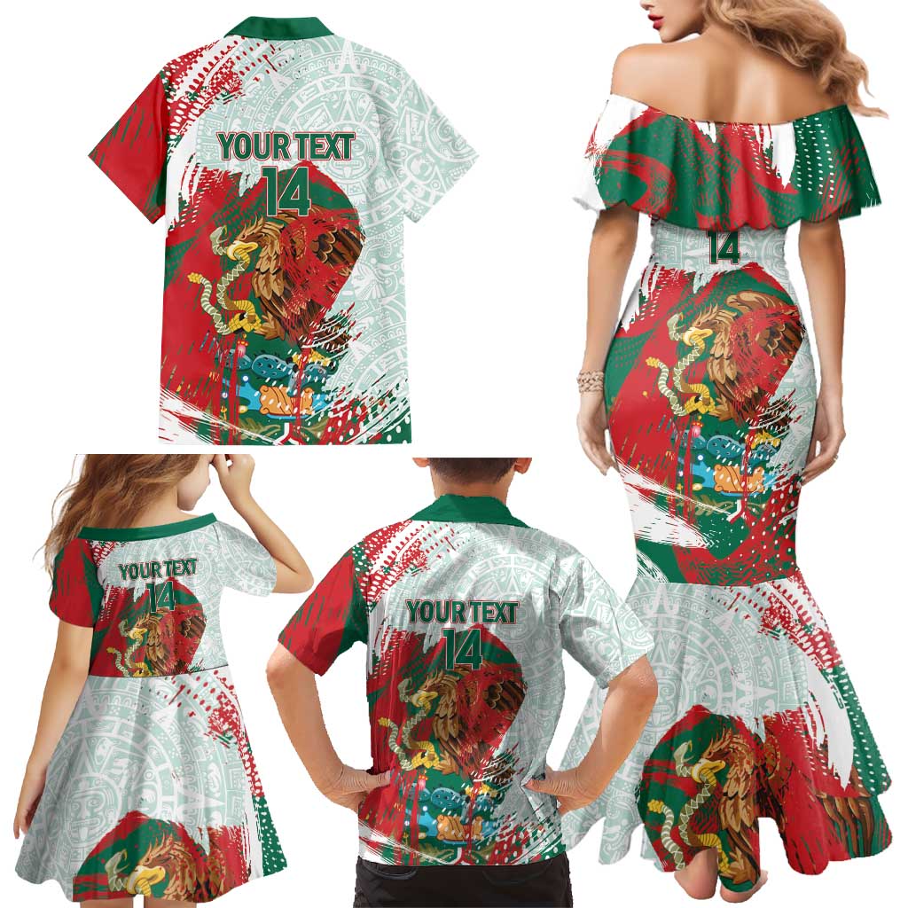 Mexico Football Custom Family Matching Mermaid Dress and Hawaiian Shirt El Tri Aztec Calendar Brush Style