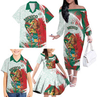 Mexico Football Custom Family Matching Off The Shoulder Long Sleeve Dress and Hawaiian Shirt El Tri Aztec Calendar Brush Style