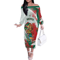 Mexico Football Custom Family Matching Off The Shoulder Long Sleeve Dress and Hawaiian Shirt El Tri Aztec Calendar Brush Style