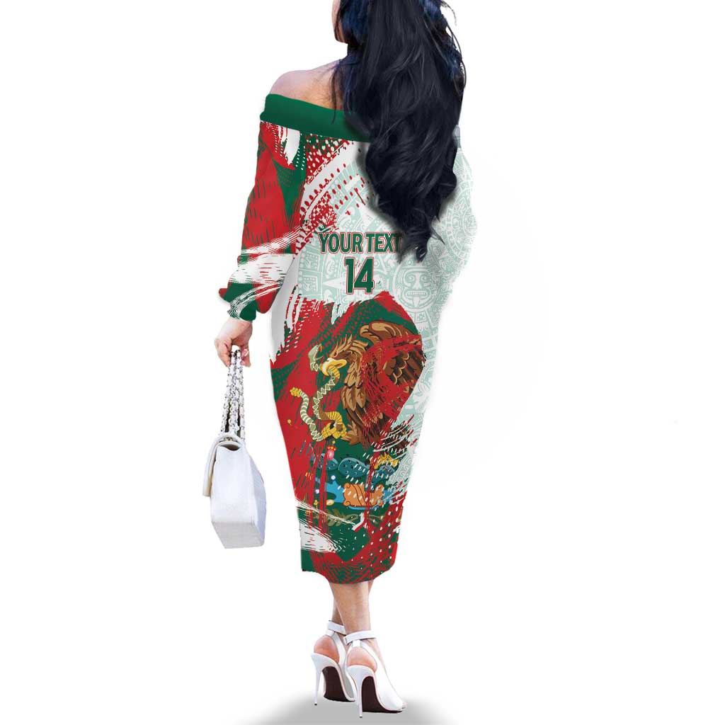 Mexico Football Custom Family Matching Off The Shoulder Long Sleeve Dress and Hawaiian Shirt El Tri Aztec Calendar Brush Style