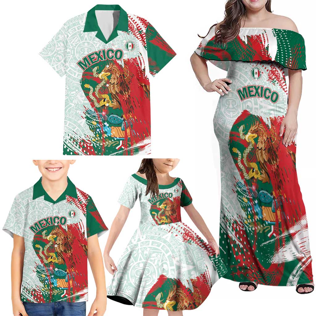 Mexico Football Custom Family Matching Off Shoulder Maxi Dress and Hawaiian Shirt El Tri Aztec Calendar Brush Style