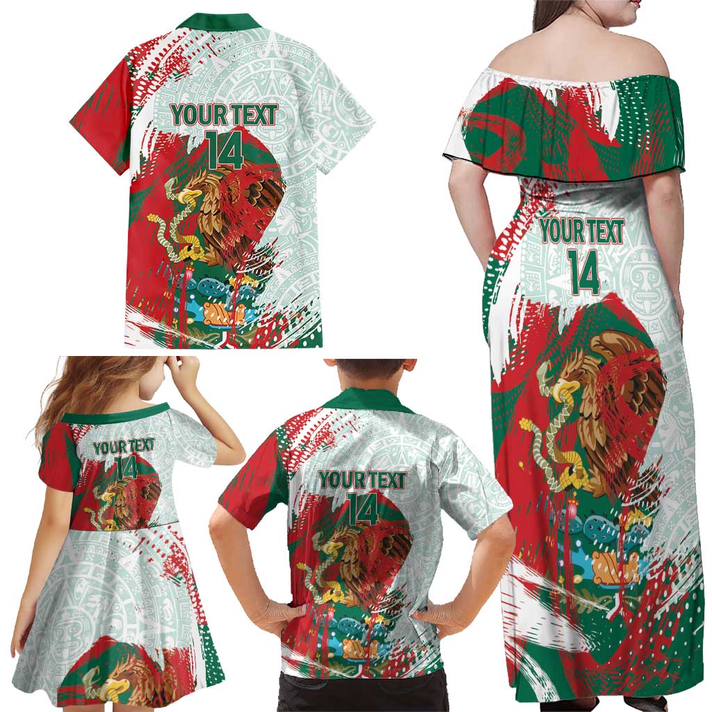 Mexico Football Custom Family Matching Off Shoulder Maxi Dress and Hawaiian Shirt El Tri Aztec Calendar Brush Style