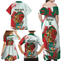Mexico Football Custom Family Matching Off Shoulder Maxi Dress and Hawaiian Shirt El Tri Aztec Calendar Brush Style