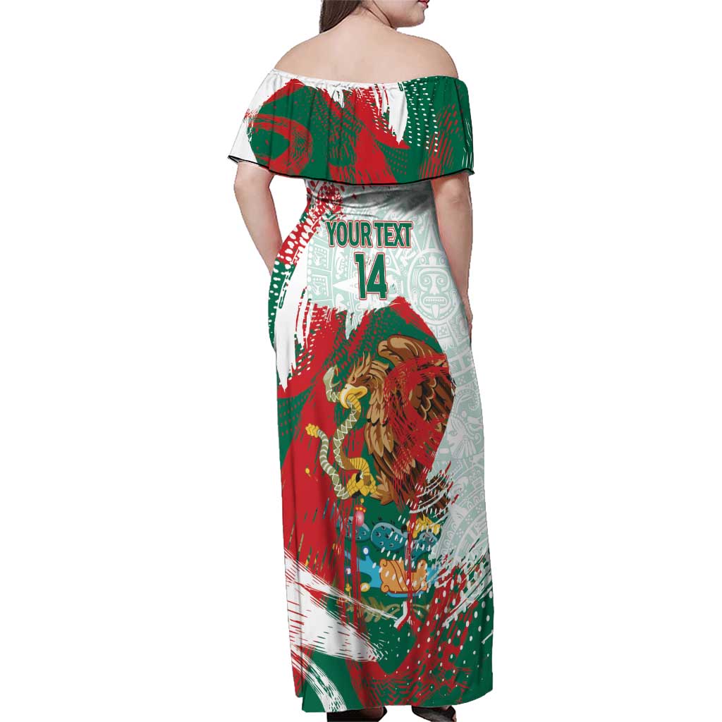 Mexico Football Custom Family Matching Off Shoulder Maxi Dress and Hawaiian Shirt El Tri Aztec Calendar Brush Style