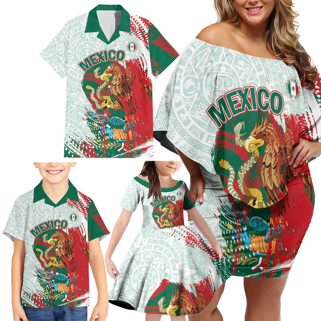 Mexico Football Custom Family Matching Off Shoulder Short Dress and Hawaiian Shirt El Tri Aztec Calendar Brush Style