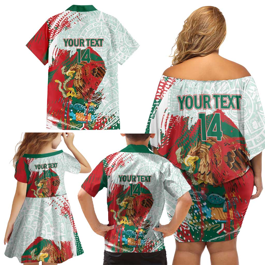 Mexico Football Custom Family Matching Off Shoulder Short Dress and Hawaiian Shirt El Tri Aztec Calendar Brush Style