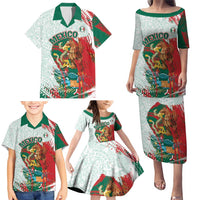 Mexico Football Custom Family Matching Puletasi and Hawaiian Shirt El Tri Aztec Calendar Brush Style