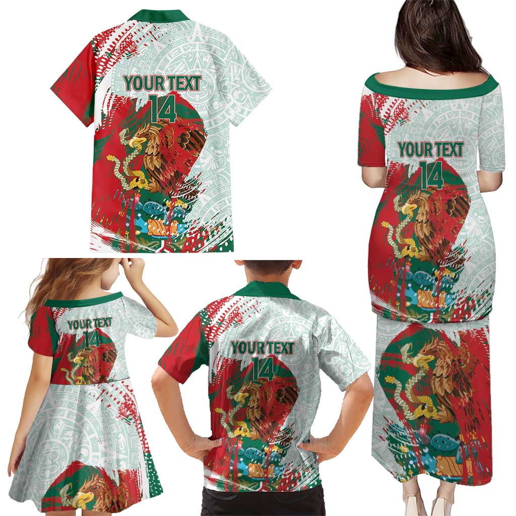 Mexico Football Custom Family Matching Puletasi and Hawaiian Shirt El Tri Aztec Calendar Brush Style