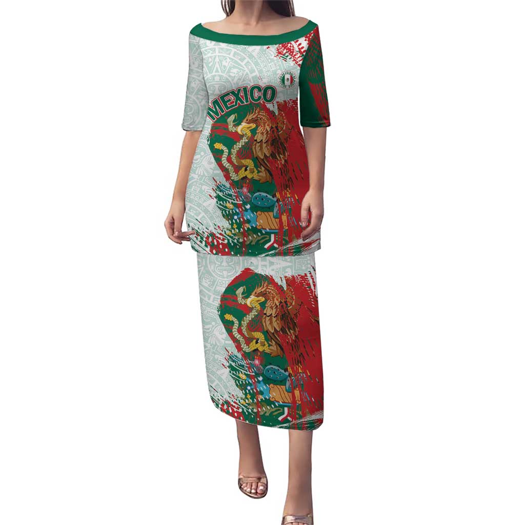 Mexico Football Custom Family Matching Puletasi and Hawaiian Shirt El Tri Aztec Calendar Brush Style