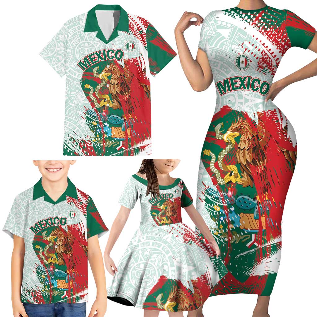 Mexico Football Custom Family Matching Short Sleeve Bodycon Dress and Hawaiian Shirt El Tri Aztec Calendar Brush Style