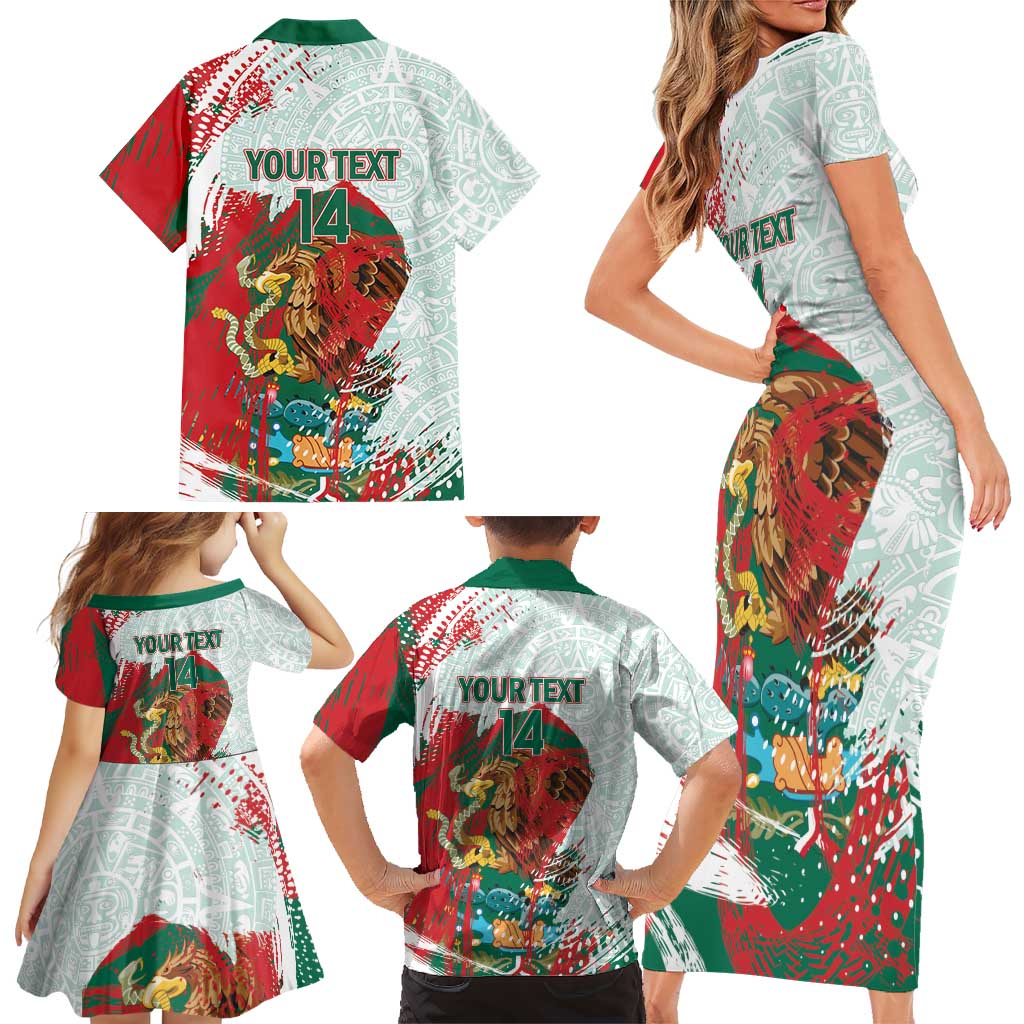 Mexico Football Custom Family Matching Short Sleeve Bodycon Dress and Hawaiian Shirt El Tri Aztec Calendar Brush Style