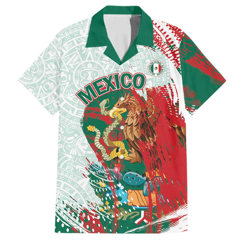 Mexico Football Custom Family Matching Short Sleeve Bodycon Dress and Hawaiian Shirt El Tri Aztec Calendar Brush Style