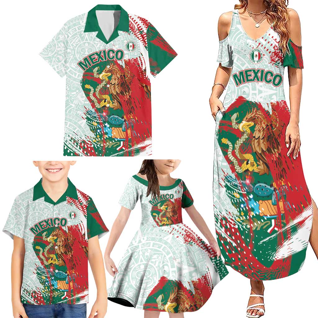 Mexico Football Custom Family Matching Summer Maxi Dress and Hawaiian Shirt El Tri Aztec Calendar Brush Style