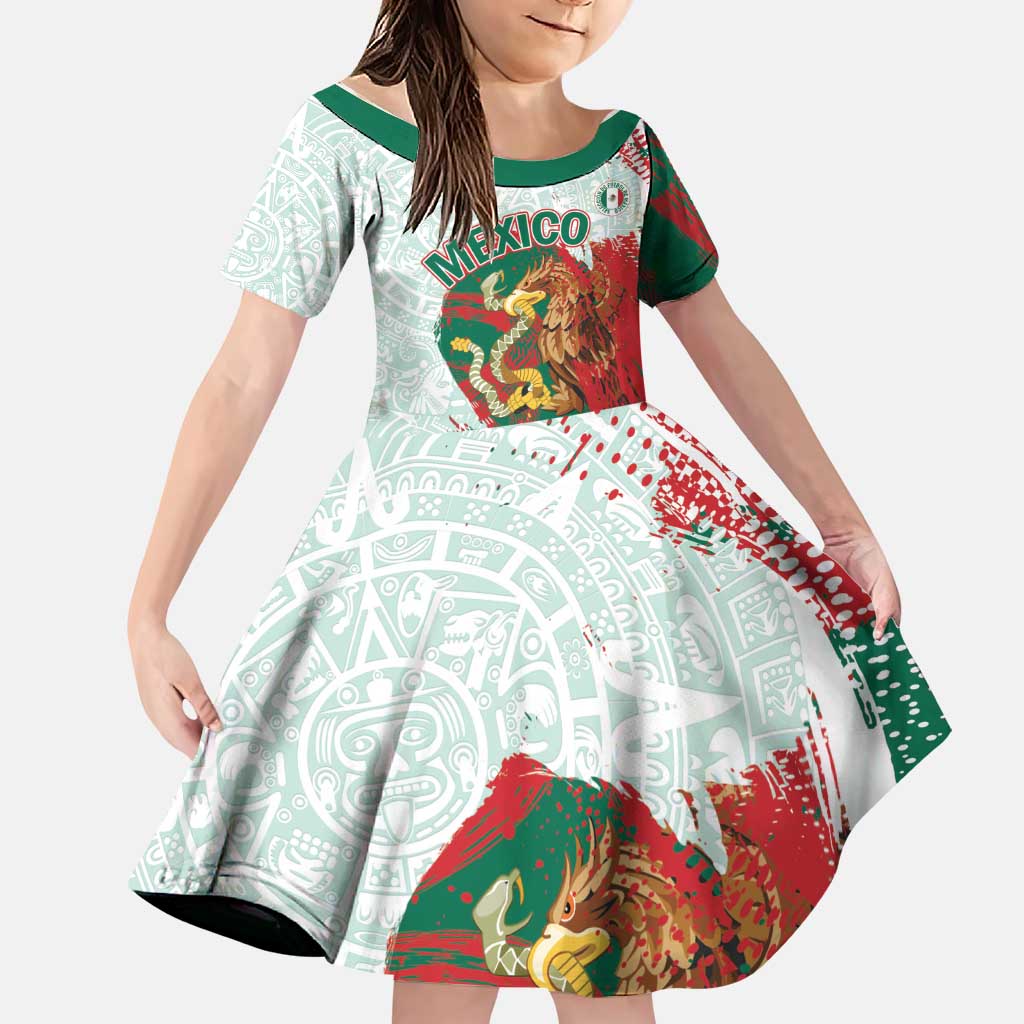Mexico Football Custom Family Matching Tank Maxi Dress and Hawaiian Shirt El Tri Aztec Calendar Brush Style