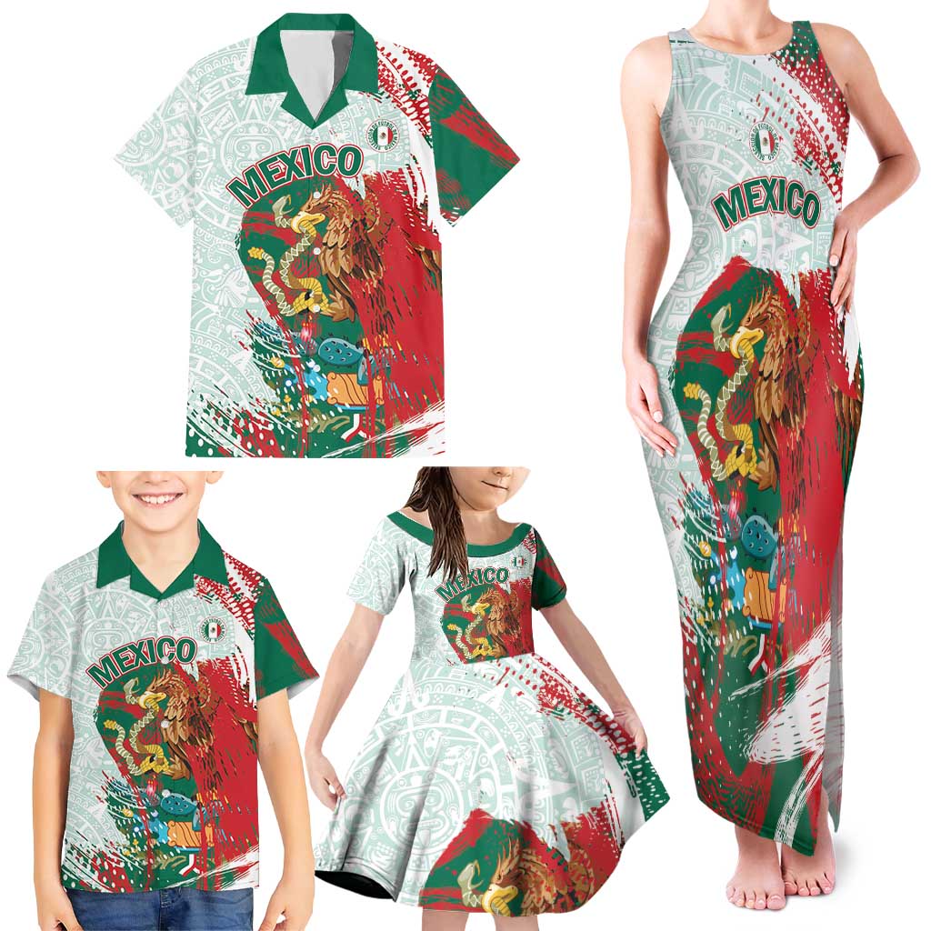 Mexico Football Custom Family Matching Tank Maxi Dress and Hawaiian Shirt El Tri Aztec Calendar Brush Style