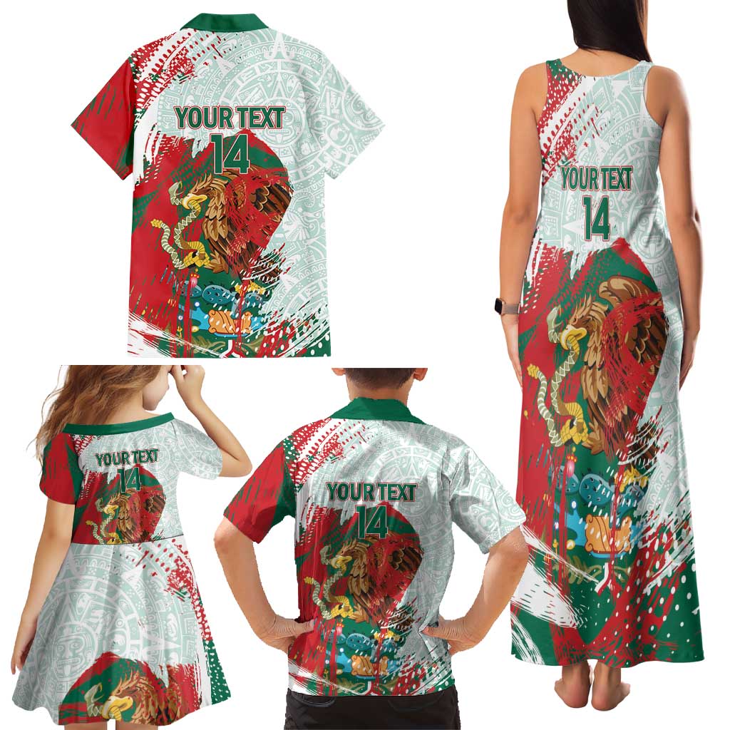 Mexico Football Custom Family Matching Tank Maxi Dress and Hawaiian Shirt El Tri Aztec Calendar Brush Style