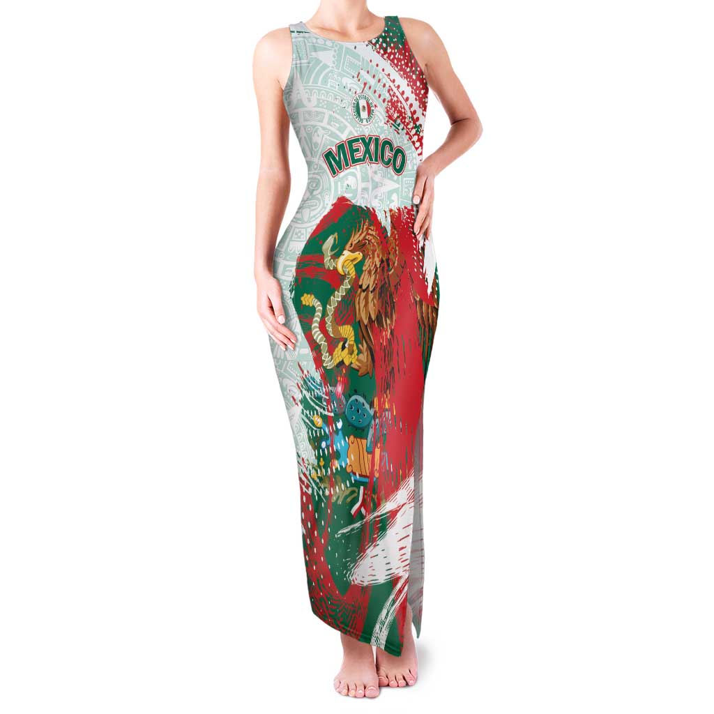 Mexico Football Custom Family Matching Tank Maxi Dress and Hawaiian Shirt El Tri Aztec Calendar Brush Style